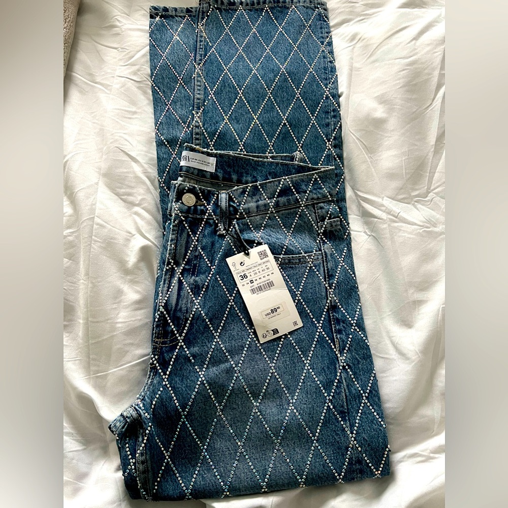 ZARA TRF MID RISE RHINESTONE JEANS